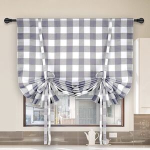 Simple Deluxe Buffalo Check Gathered Window Curtain Pair of 2 -Plaid Light